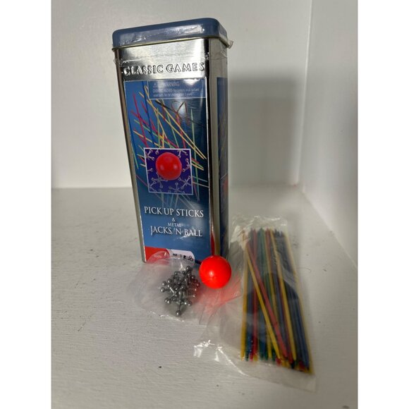 Classic Games Metal Pick Up Sticks & Jacks N Ball Set In Tin Case Ages 6+ By Car - Picture 2 of 5
